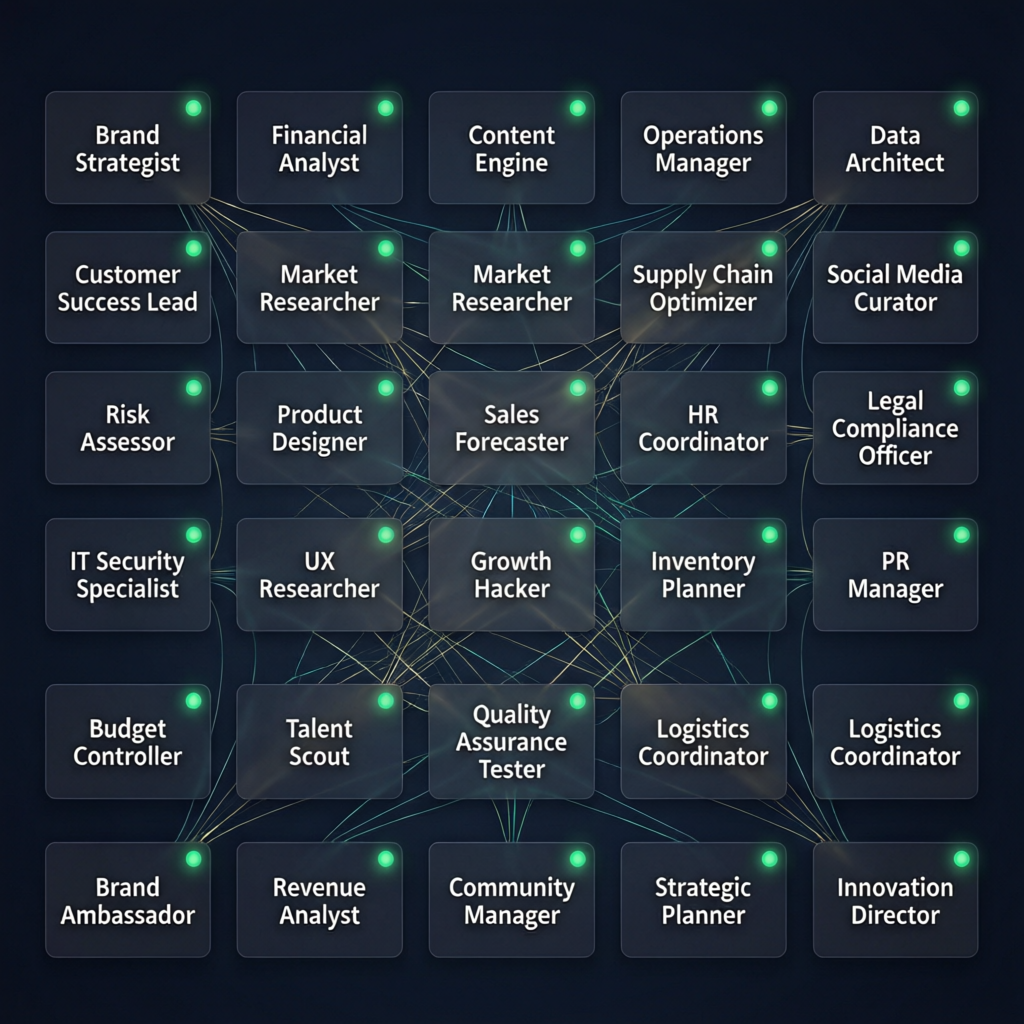 A dashboard view of an AI agent roster showing 25-30 specialized agent cards with role titles and active status indicators