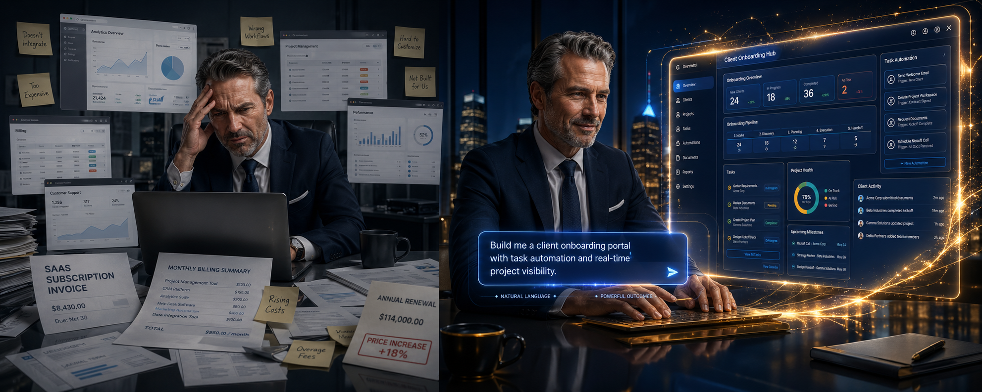 Split scene: left shows CEO frustrated with generic SaaS tools, right shows the same CEO building a custom app with a plain-English prompt