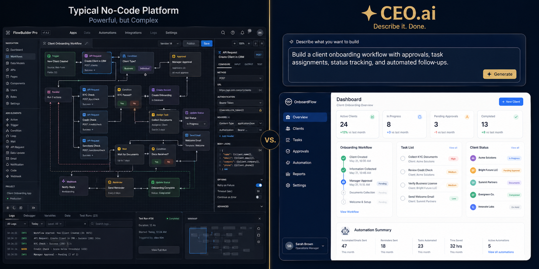 Side-by-side comparison: complex no-code visual builder versus CEO.ai's plain-English prompt interface producing a finished application
