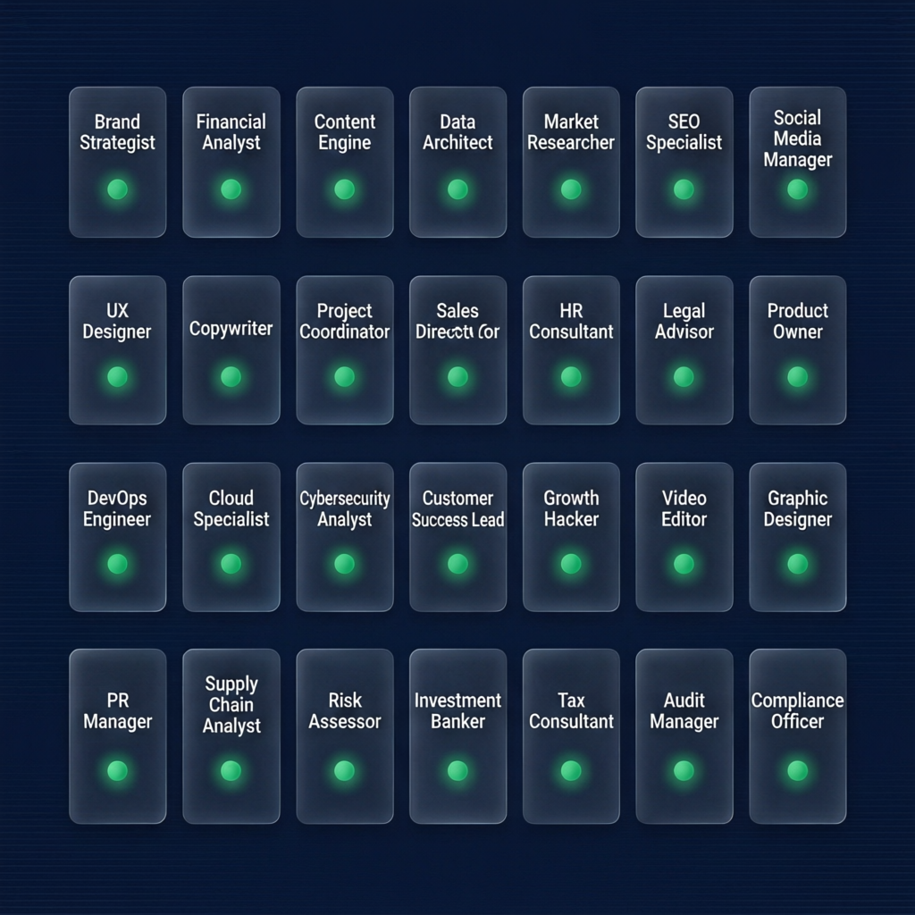 A grid of AI agent cards showing specialized business roles like Brand Strategist and Financial Analyst