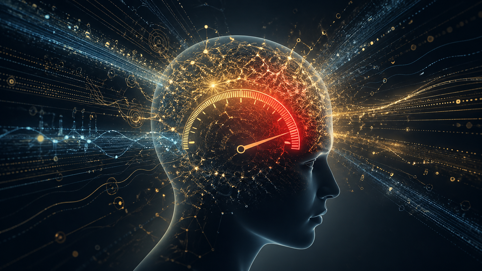 Abstract visualization of a human mind overwhelmed by streams of AI-generated information