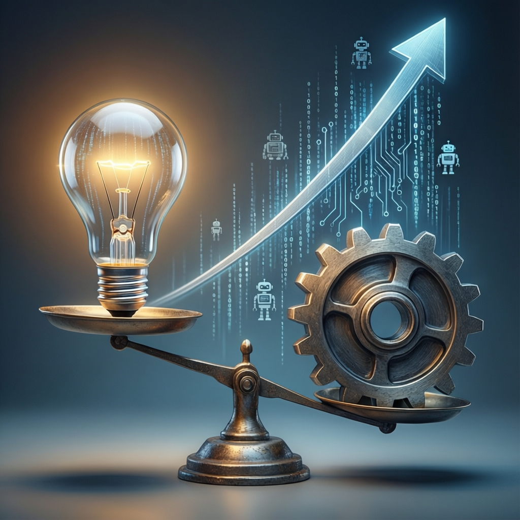 A balance scale tipping toward a lightbulb over a gear, symbolizing ideas outweighing execution