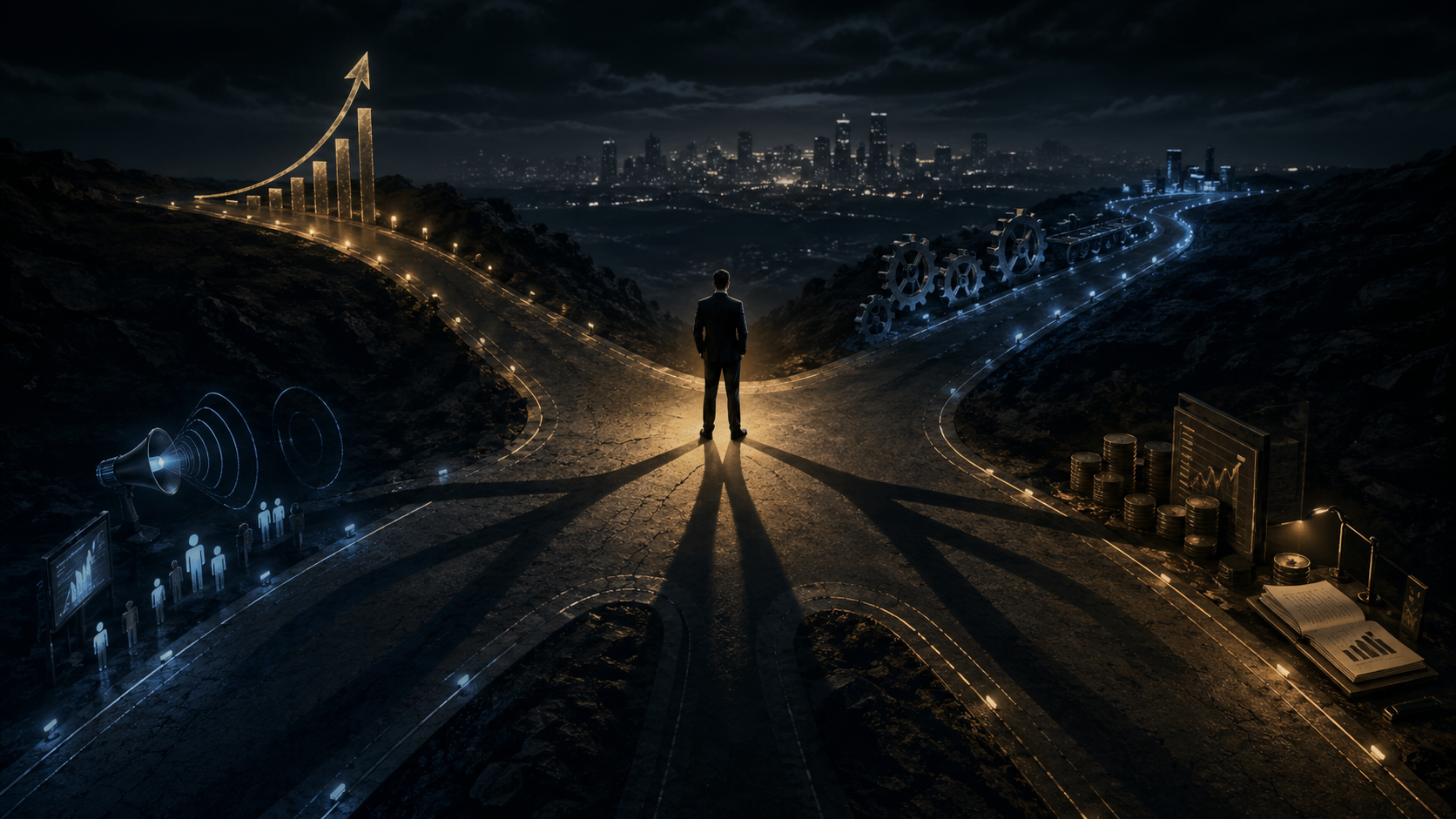 CEO standing at a crossroads with multiple business paths stretching beyond reach
