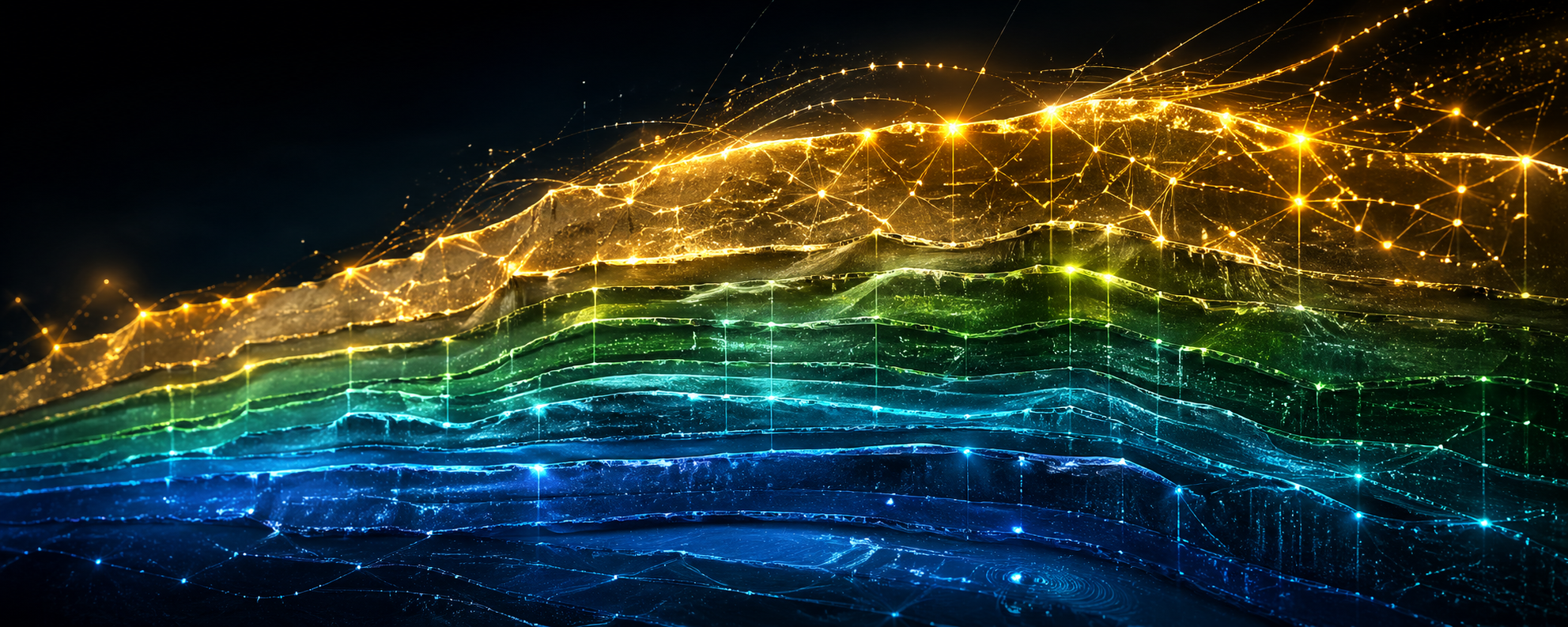 Layered strata of accumulated business knowledge growing brighter and more complex over time, visualizing compound intelligence