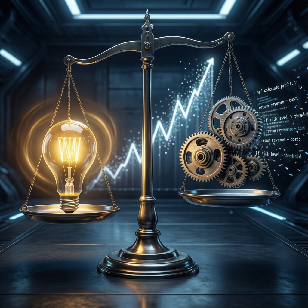 A balance scale with a glowing lightbulb outweighing gears and code, set against a descending cost curve