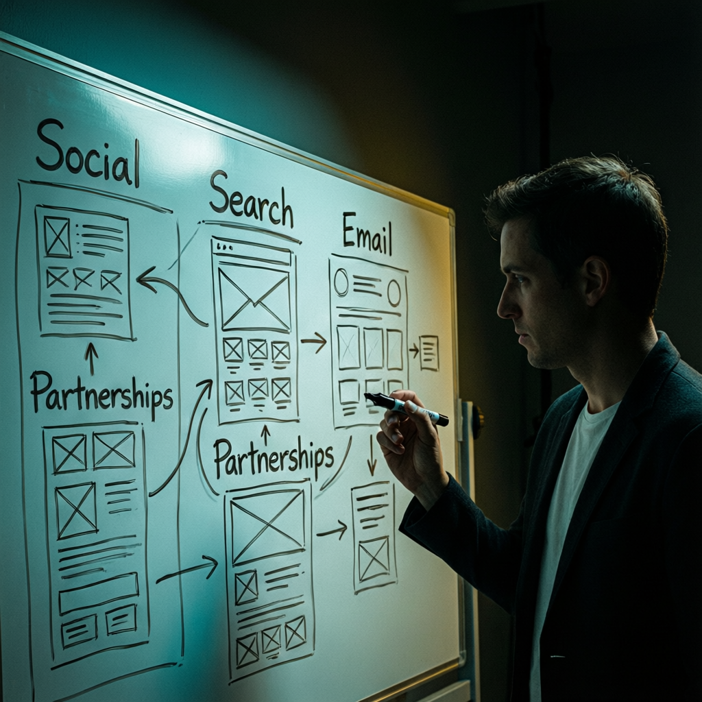 Whiteboard covered in marketing channel diagrams with product wireframes sketched inside each channel