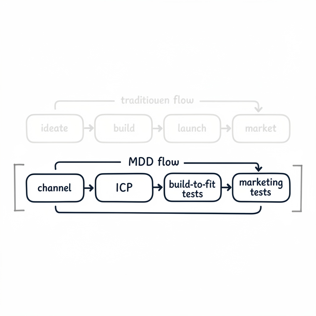 Diagram comparing traditional product development flow versus Marketing Driven Development flow