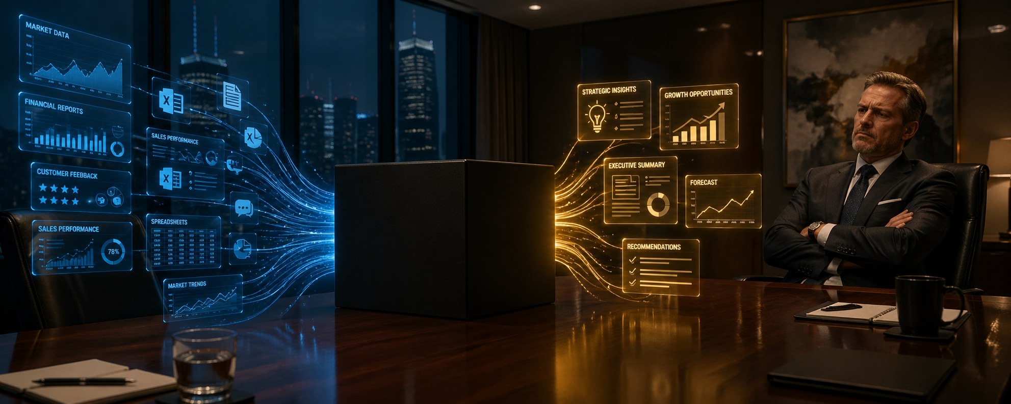 Opaque black cube on a conference table with business data going in and outputs emerging, but the interior completely hidden from the skeptical CEO across the table