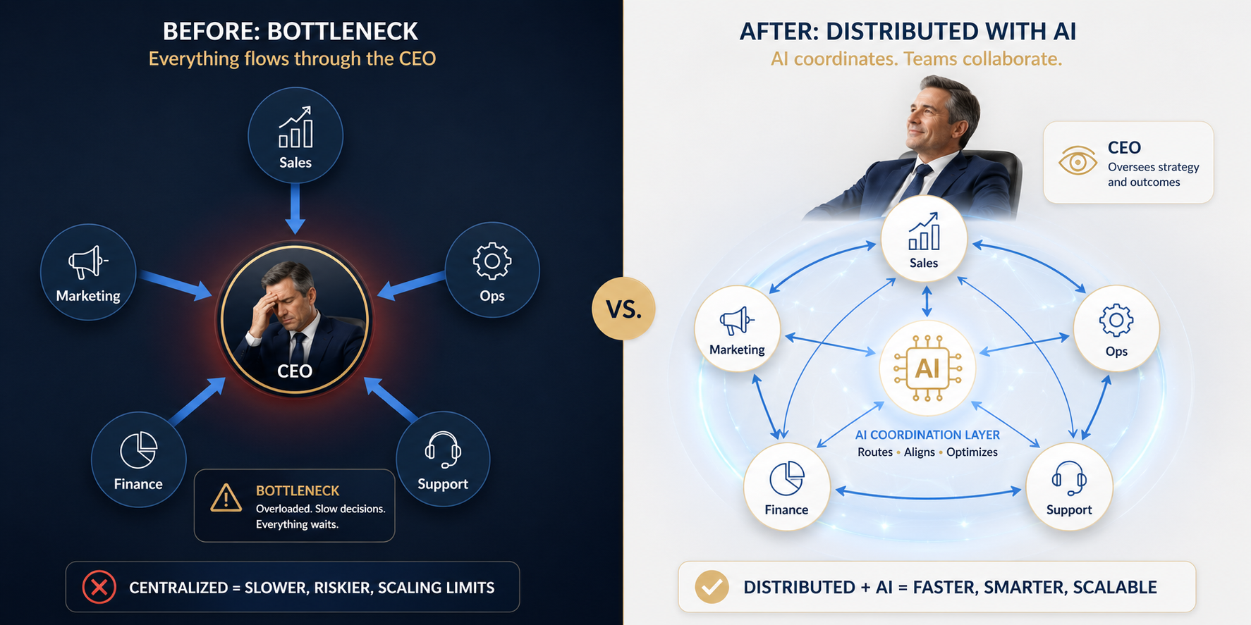 Diagram comparing CEO as bottleneck hub-and-spoke model versus AI-coordinated delegation where work flows between agents directly